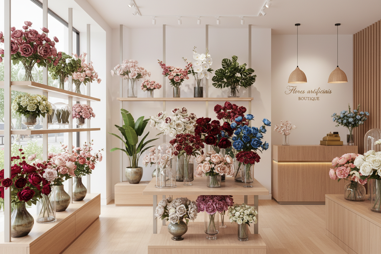 Uma loja de decoração com flores artificiais